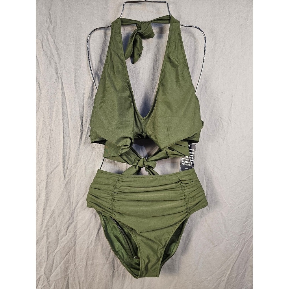 Blooming Jelly Womens Olive Green Halter Cut Out Monokini Swimsuit Size L NWT